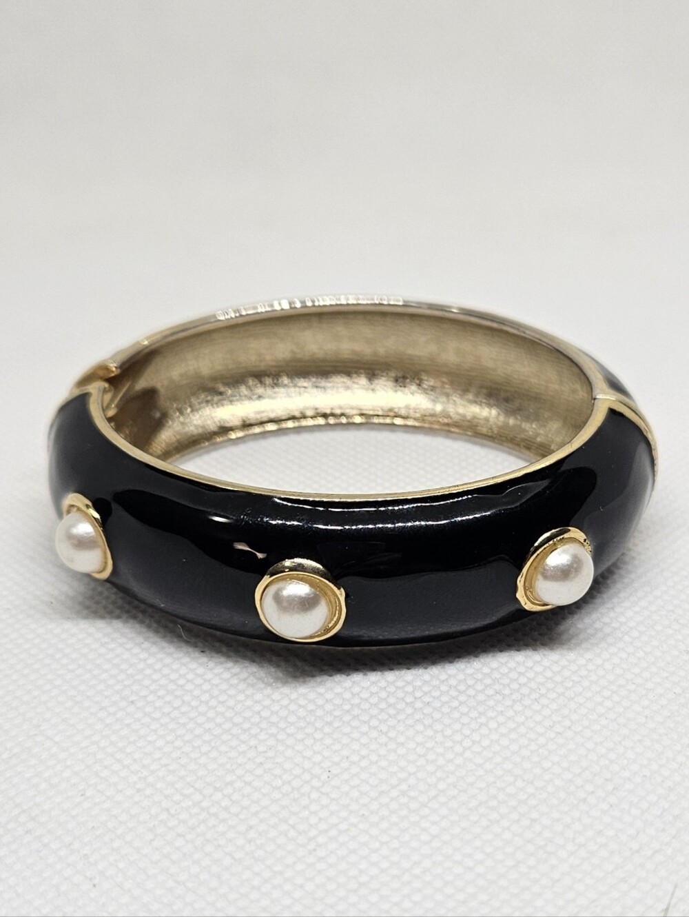 Black Enamel Faux Pearl Gold Tone Hinged Bangle Bracelet Statement